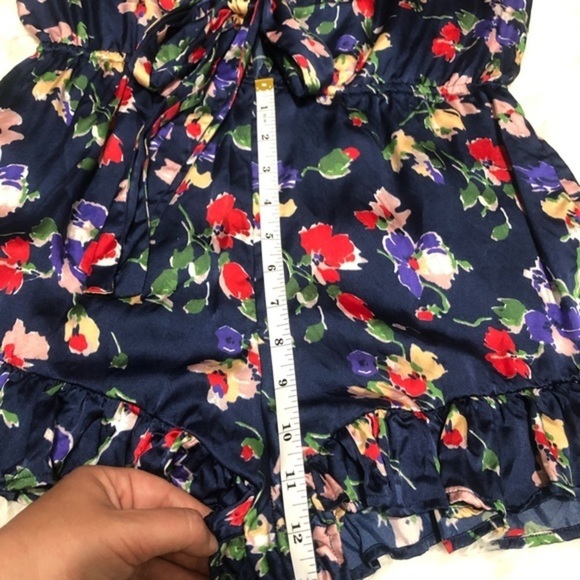 Tularosa Blue Satin Floral Tie Front V Neck Short Sleeve Romper - Picture 7 of 15
